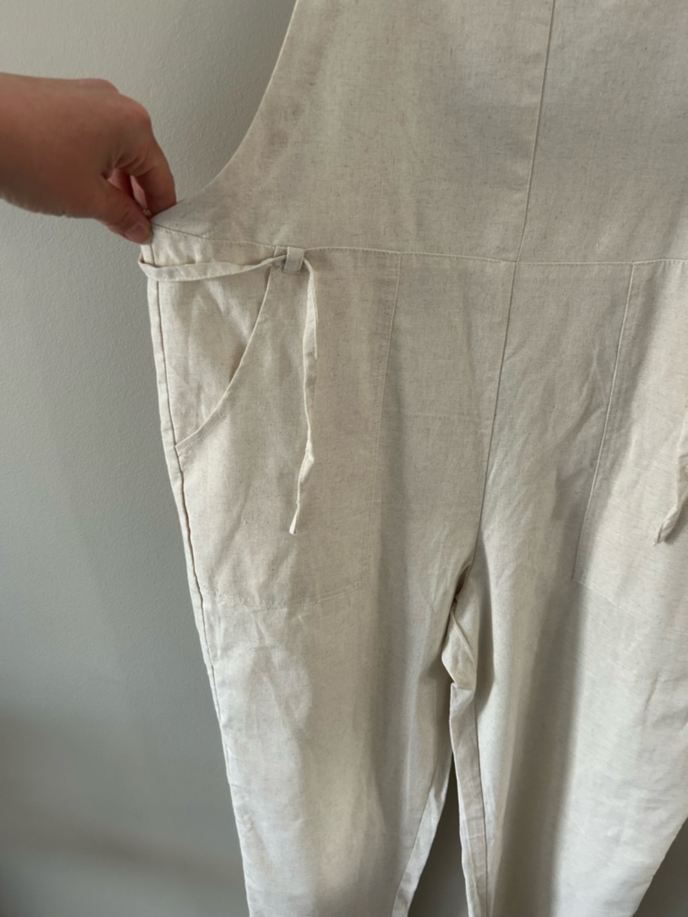 NWT &Merci Minimalist Beige Linen Square Neck Utility Tie Front Overall Jumpsuit - Picture 3 of 6